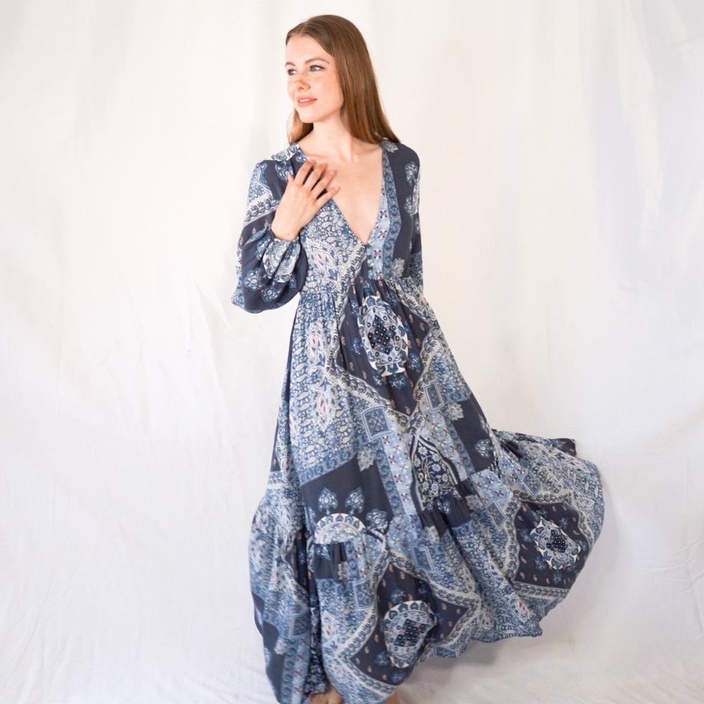 JAASE Raya Print Blue Santo Long Sleeve Maxi Dress